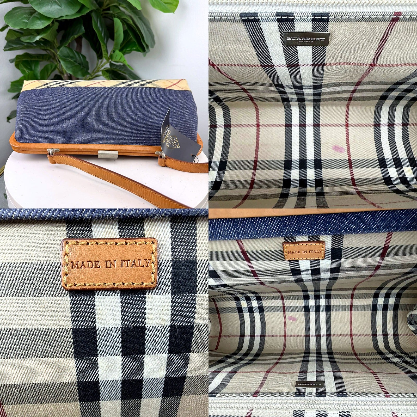 Authentic Vintage Burberry Nova Check Denim Wristlet Clutch Bag - hardware and interior tags