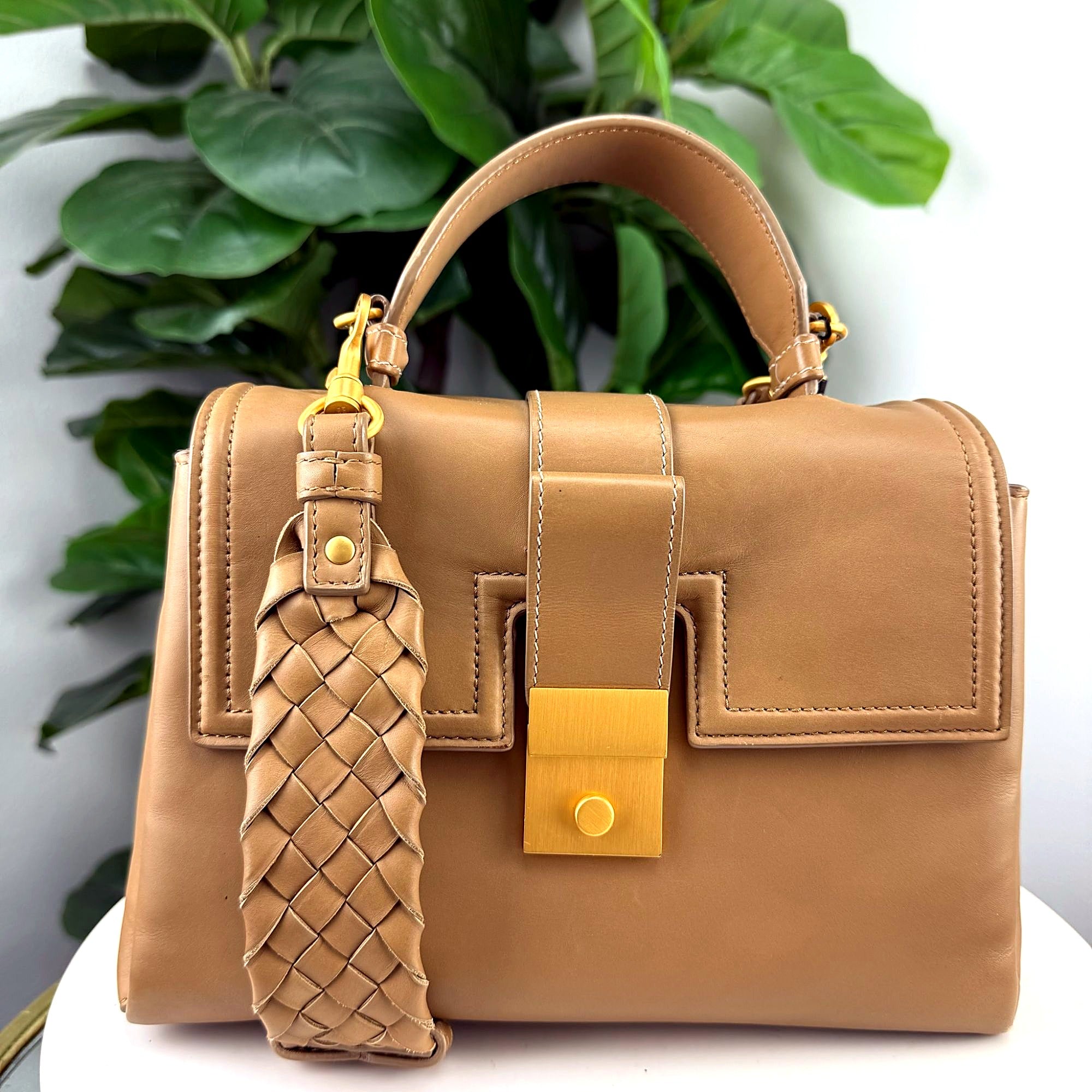 Authentic Bottega Veneta camel leather top handle bag - front view
