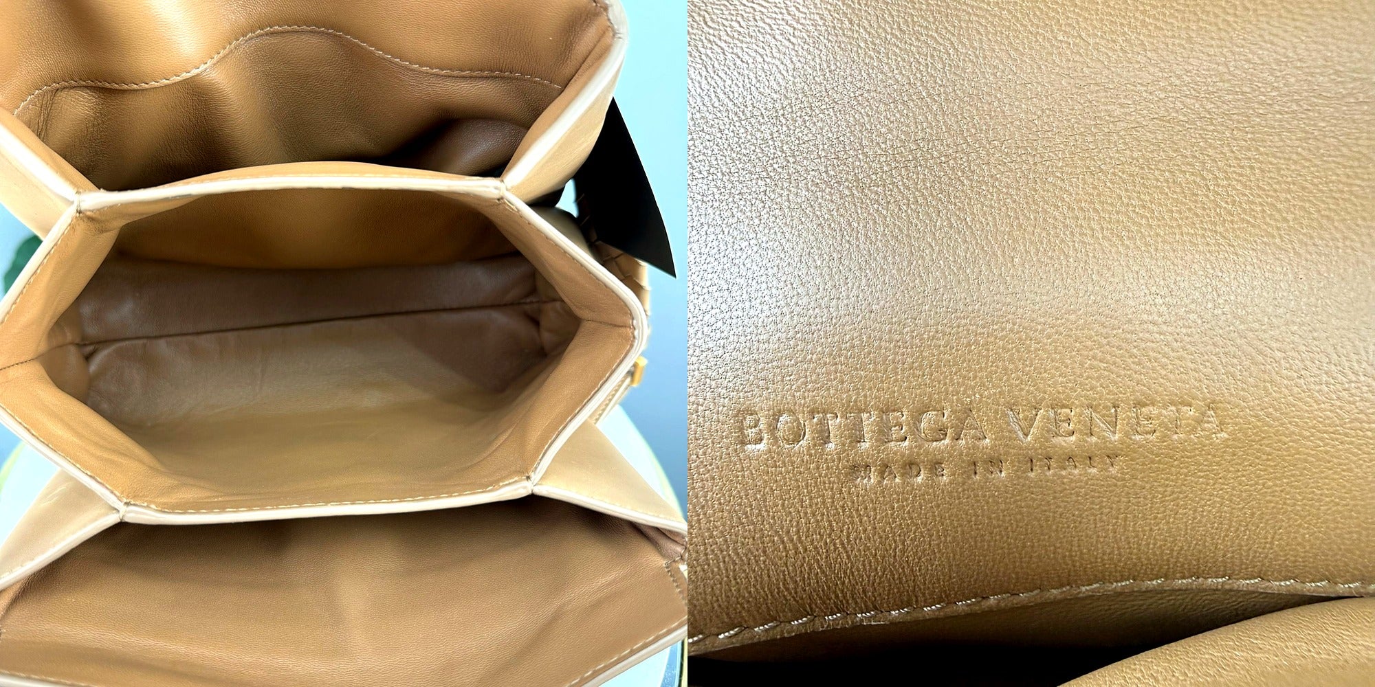 Bottega Veneta top handle bag - interior lining and embossed logo macro