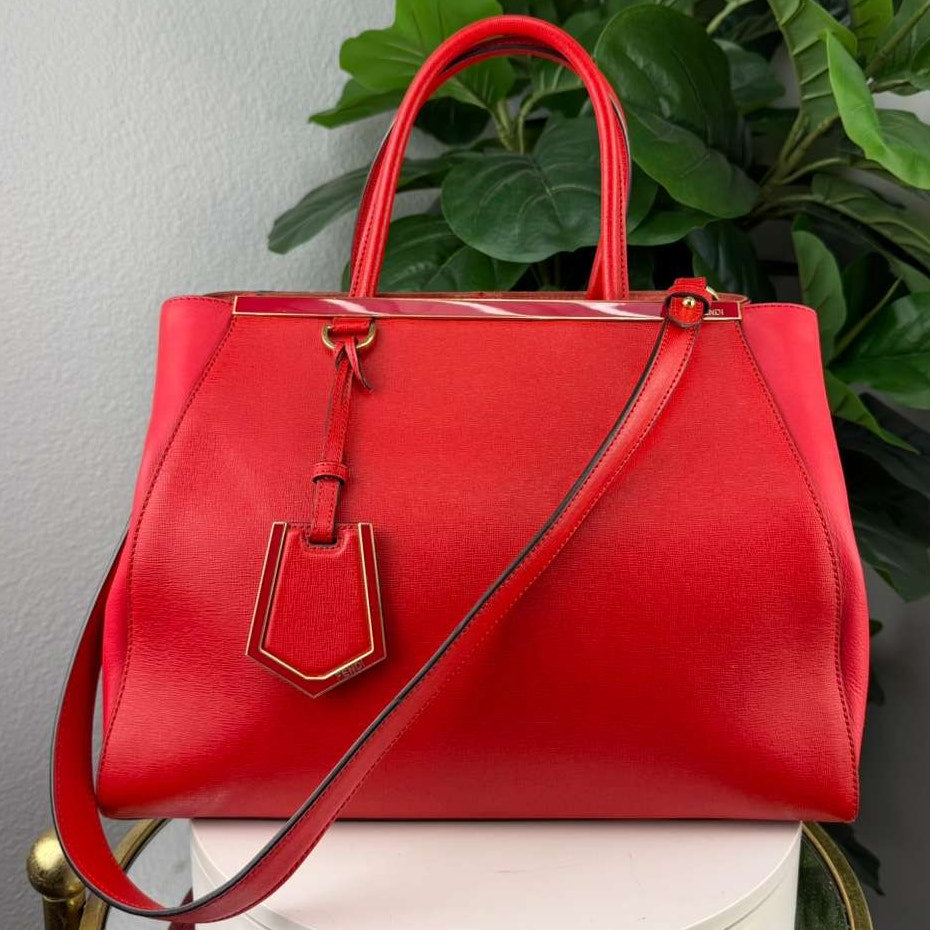 Authentic Fendi Medium 2Jours Elite Tote Red Saffiano Leather