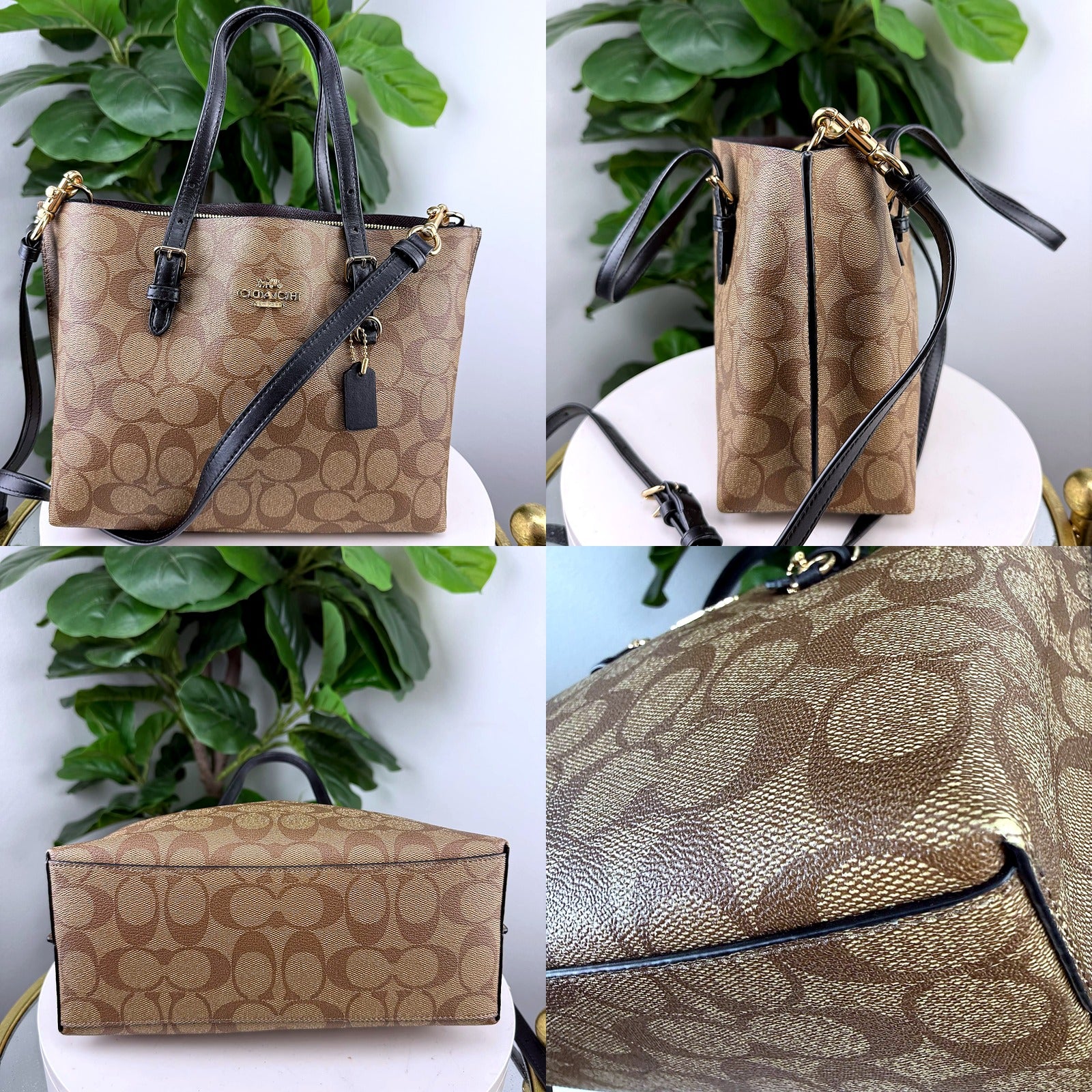Authentic Coach Signature Tan Canvas Tote Bag - side, gusset, base and hardware detail collage