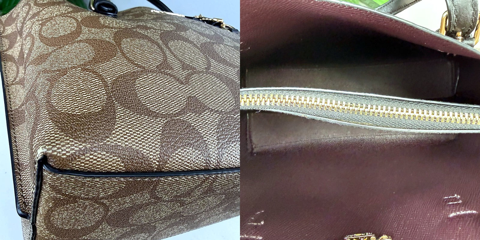 Authentic Coach Signature Tan Canvas Tote Bag - interior lining and creed patch