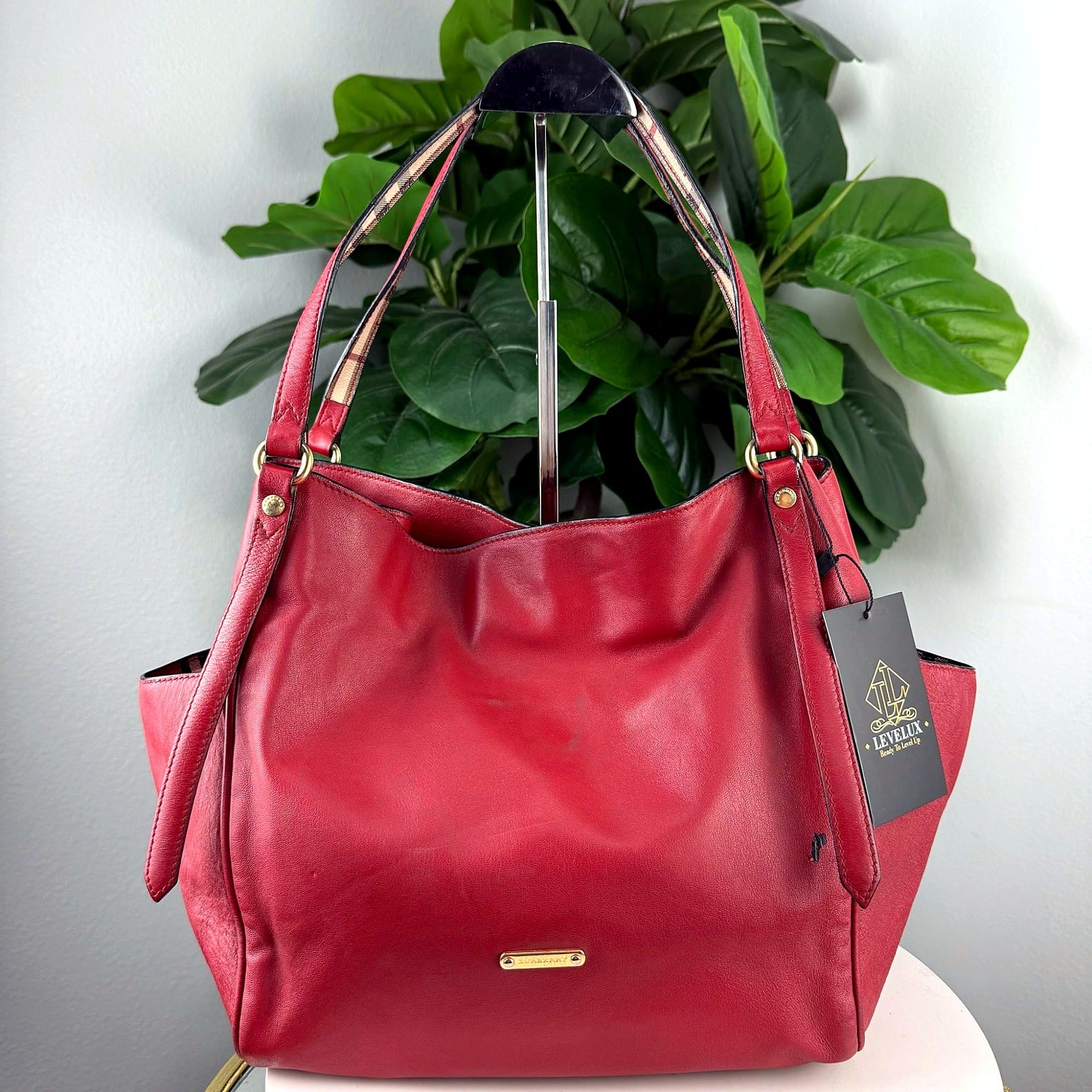 Authentic Burberry red leather Nova Check trim hobo bag - front view