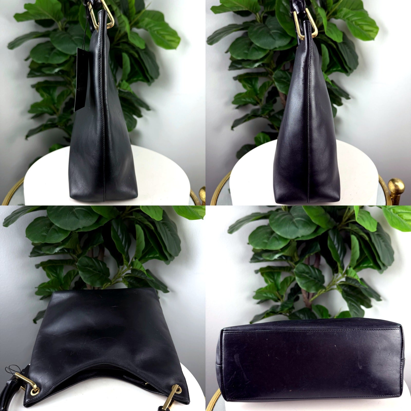 Gucci bamboo-handle hobo bag side profiles, handle attachment, and base