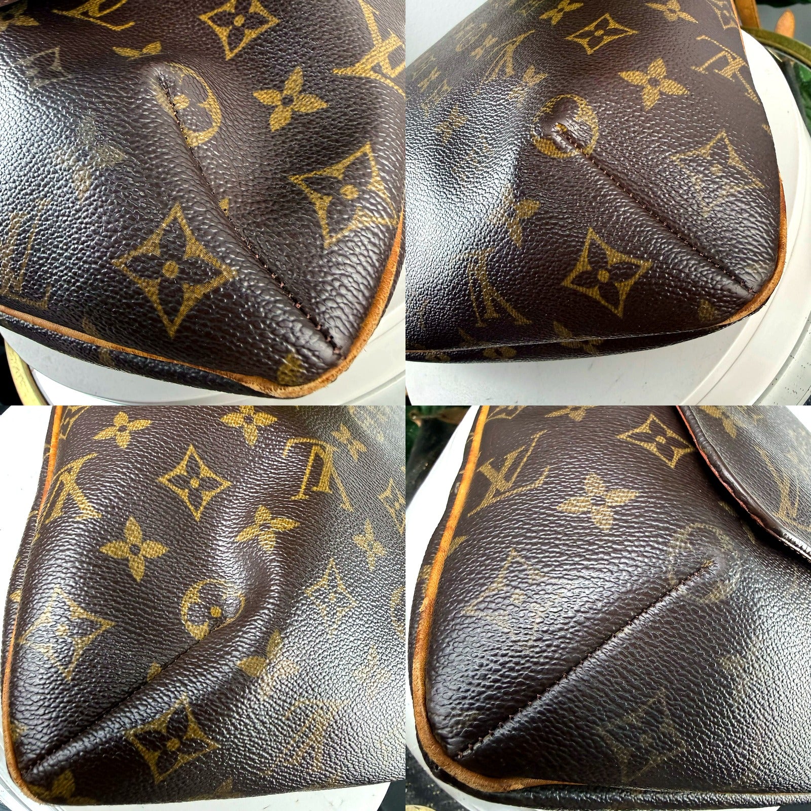 Louis Vuitton Musette Salsa - close-up of canvas puncture and corner seam wear