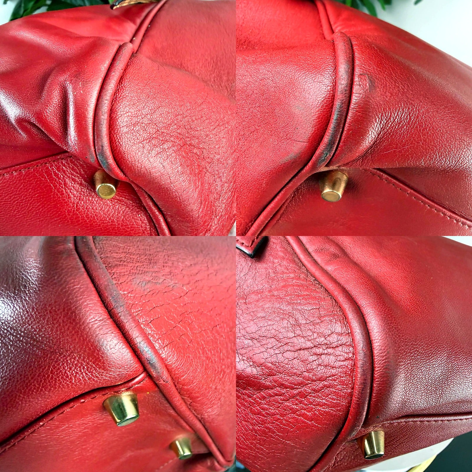Leather surface and base hardware wear detail collage