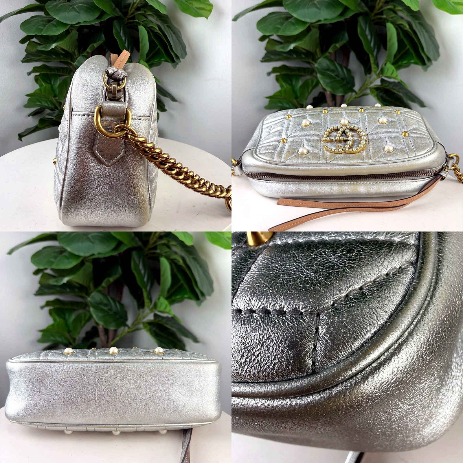 Authentic Gucci GG Marmont camera bag - side, top, base, and quilting detail
