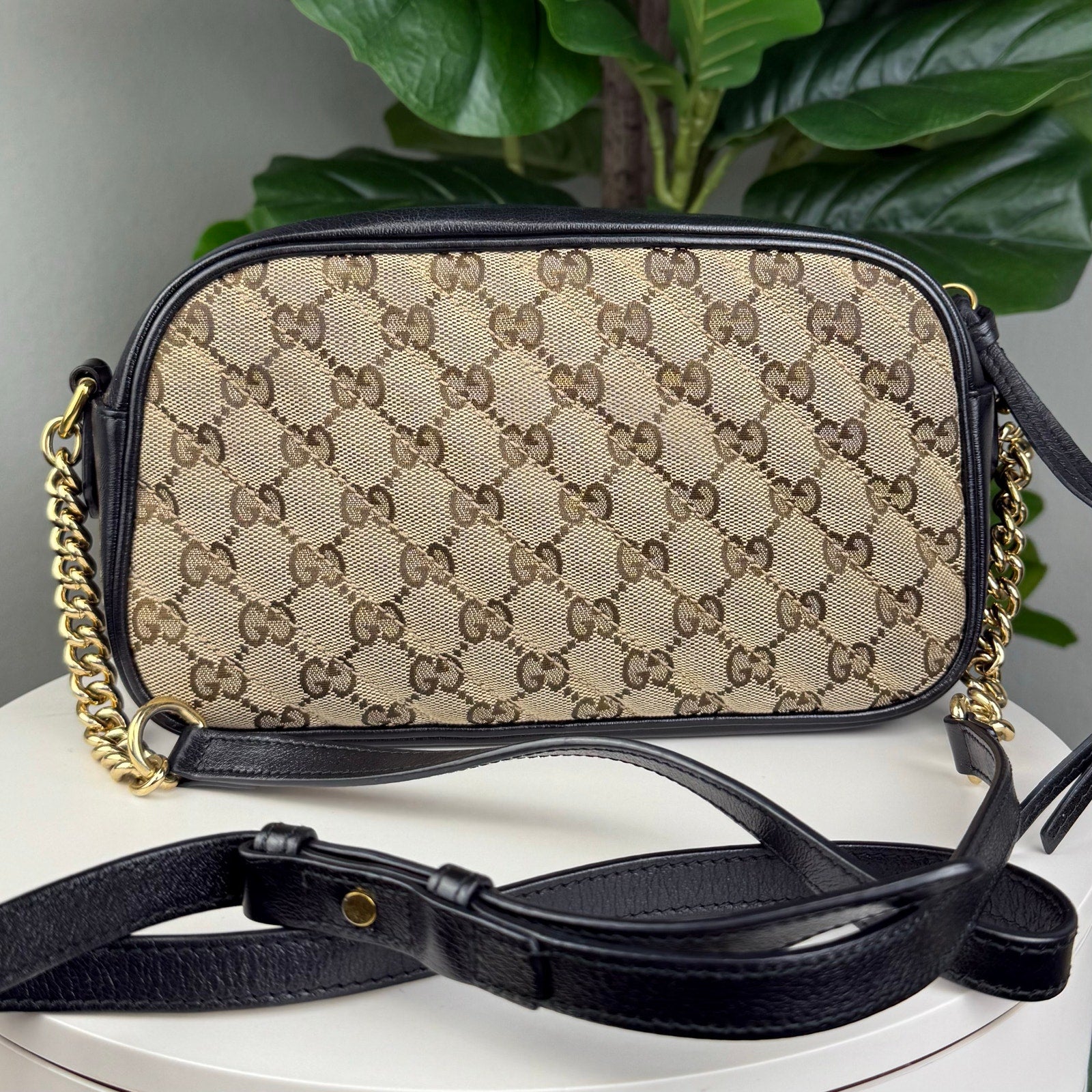 Authentic Gucci GG Canvas Marmont Shoulder Bag Black Beige
