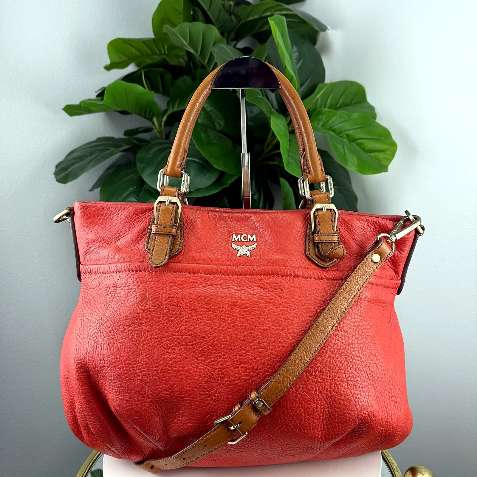 Authentic MCM Coral Pebbled Leather Convertible Tote Bag - front