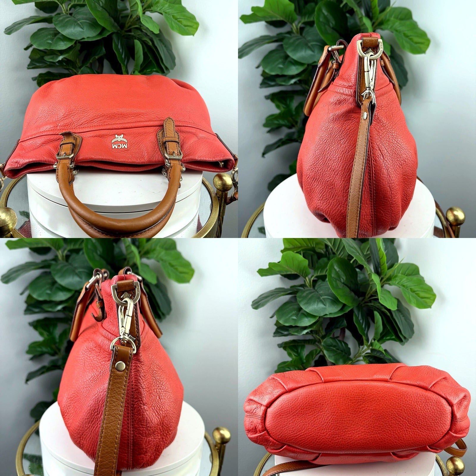 Authentic MCM Coral Pebbled Leather Convertible Tote Bag - details 1