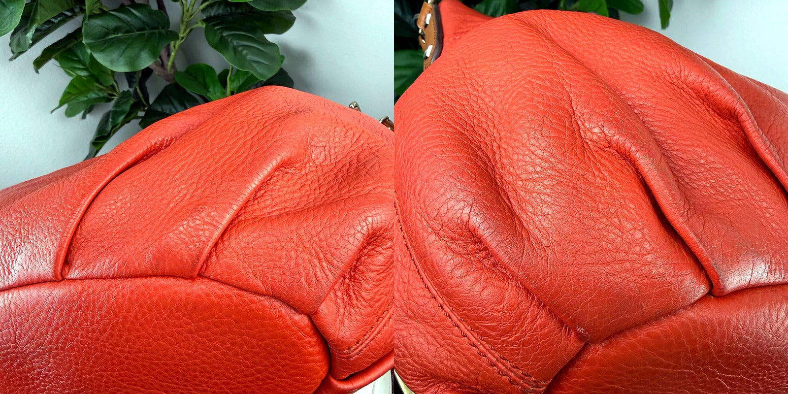 Authentic MCM Coral Pebbled Leather Convertible Tote Bag - detail pair