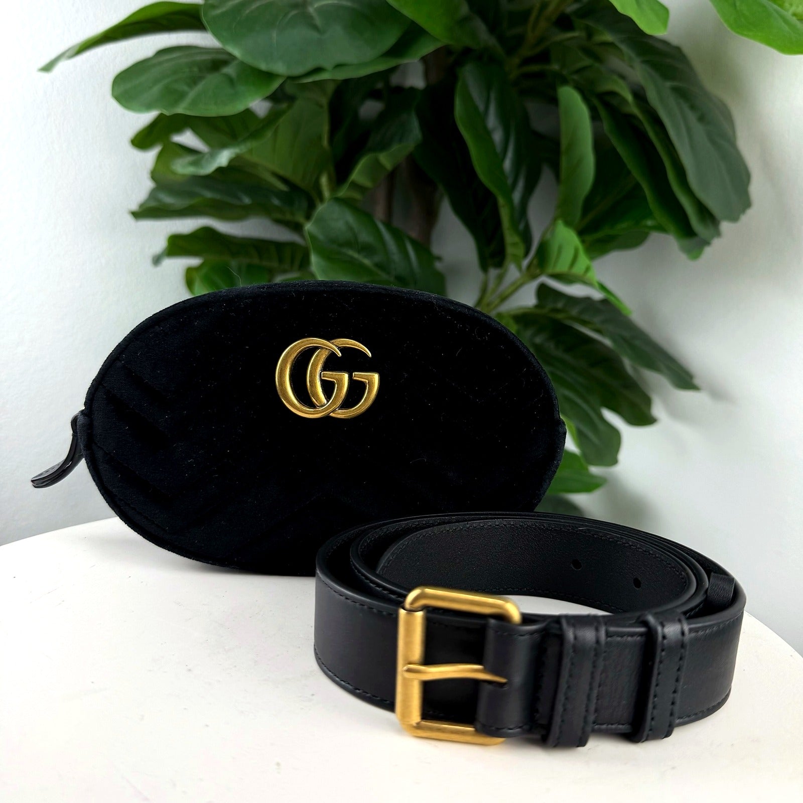 Authentic Gucci GG Marmont black velvet belt bag with matching leather belt, front view