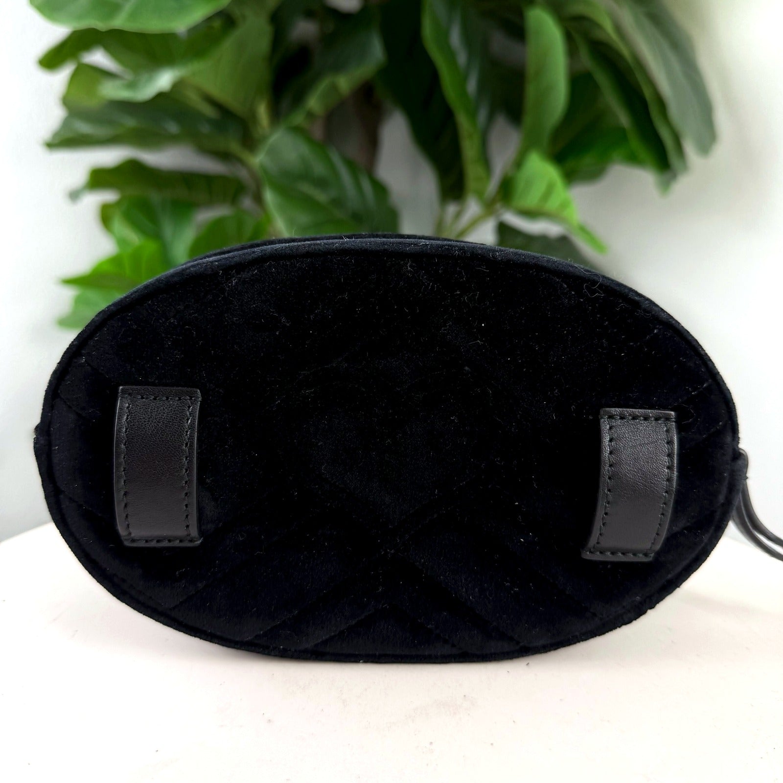 Gucci GG Marmont belt bag back view showing leather belt-loop tabs