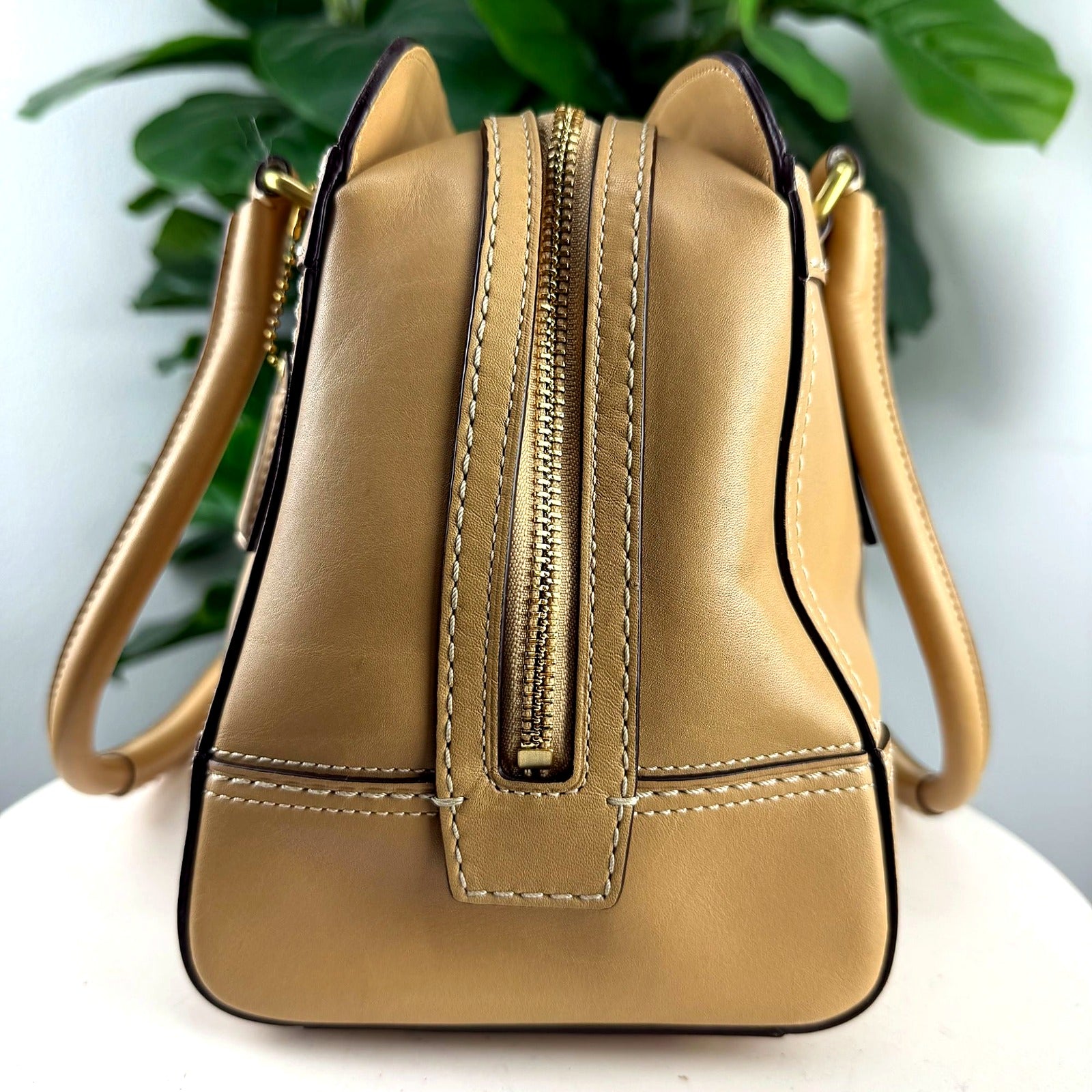 Authentic Coach tan leather turnlock satchel bag - back view
