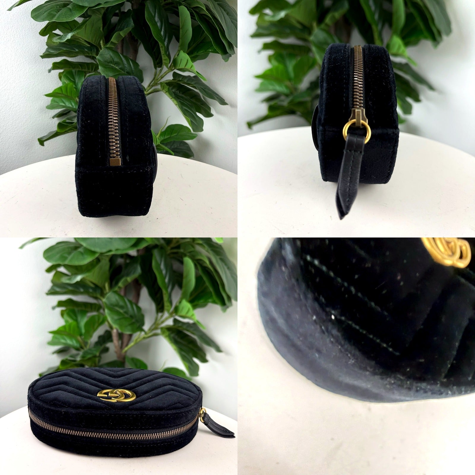 Gucci GG Marmont belt bag detail views: top zip, side profile, angled front, GG hardware