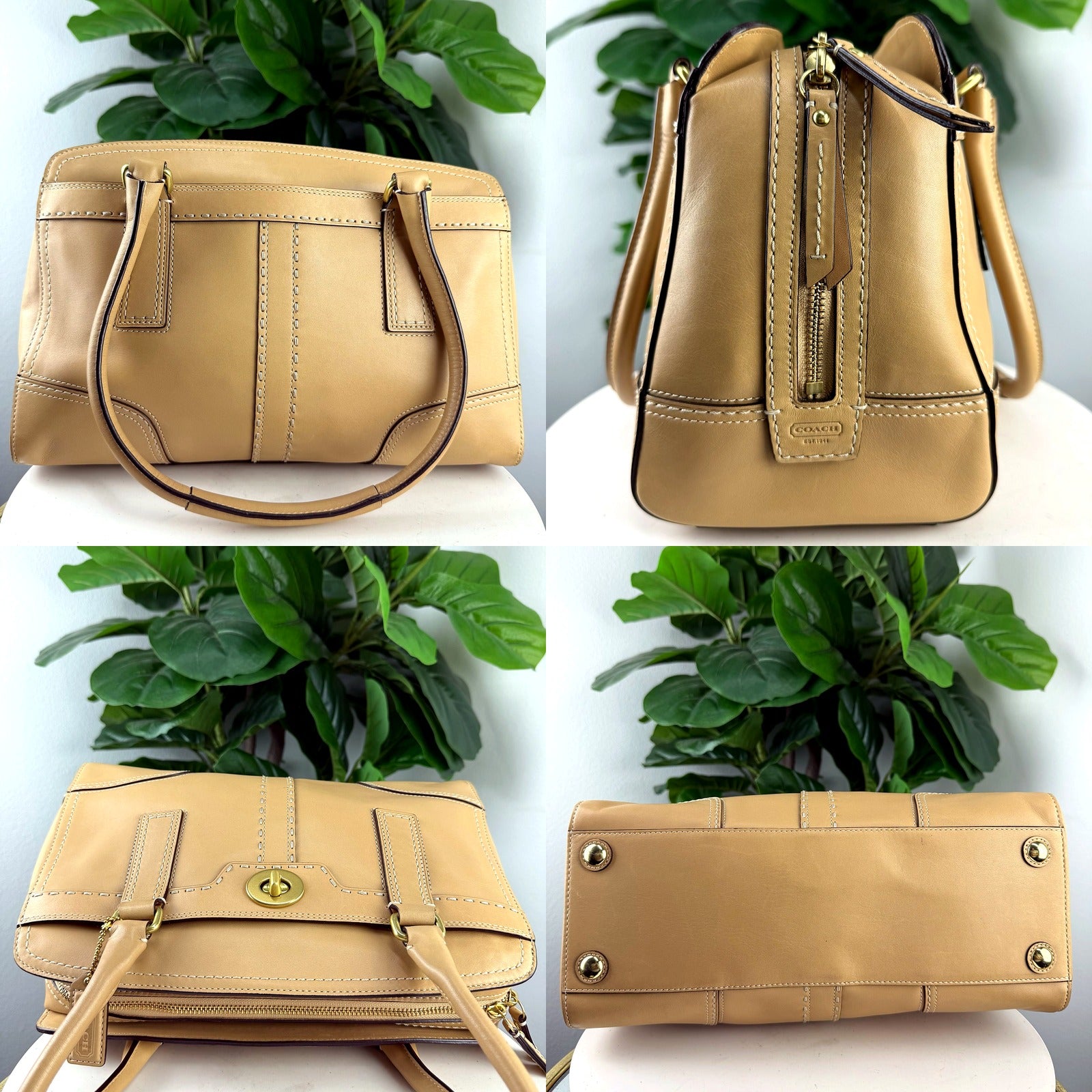 Authentic Coach tan leather turnlock satchel bag - hardware detail