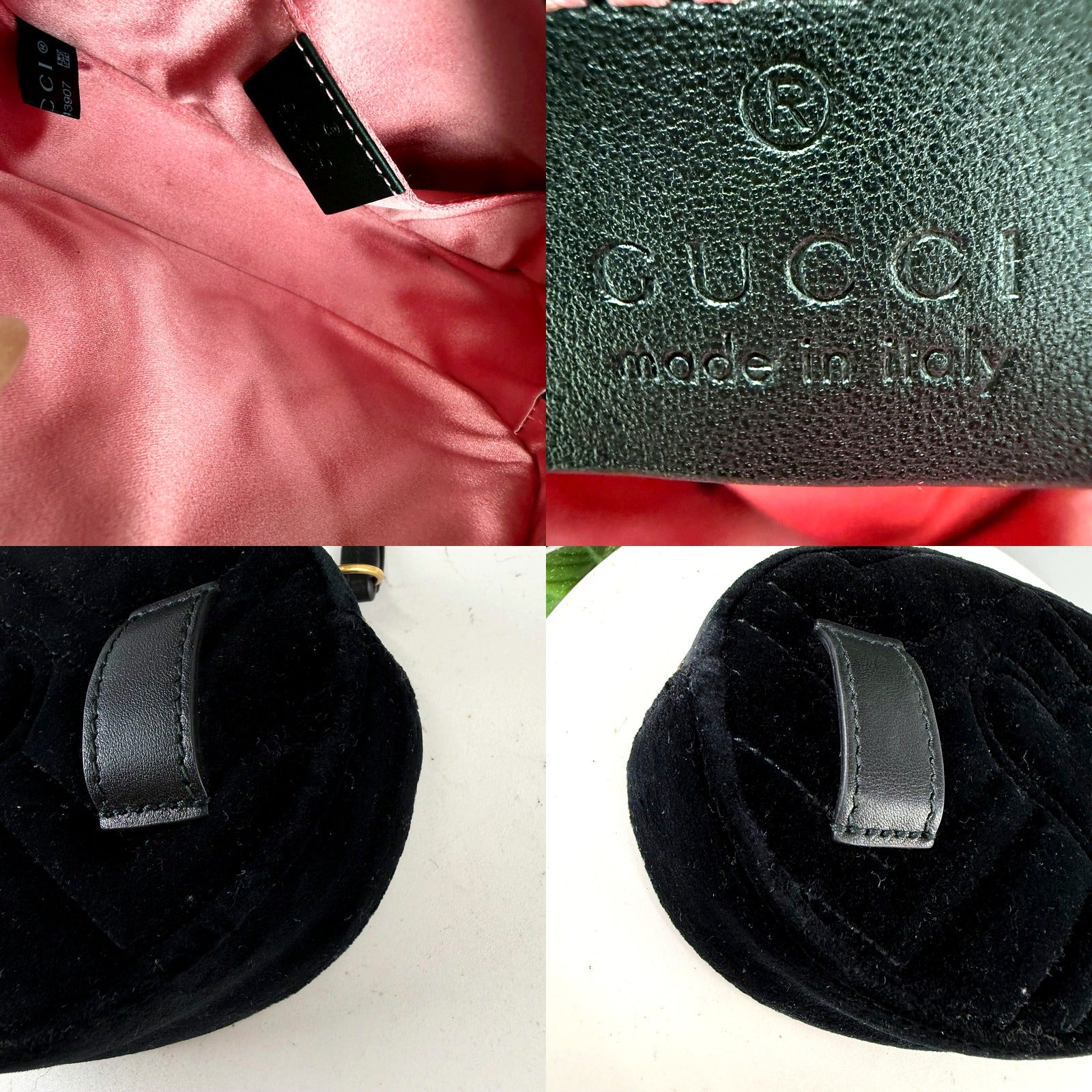 Gucci GG Marmont belt bag interior lining with serial tag, GUCCI made in Italy stamp, belt-loop tab, zipper pull