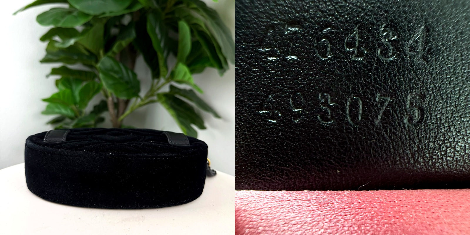 Gucci GG Marmont belt bag back quilting detail and embossed serial stamp macro
