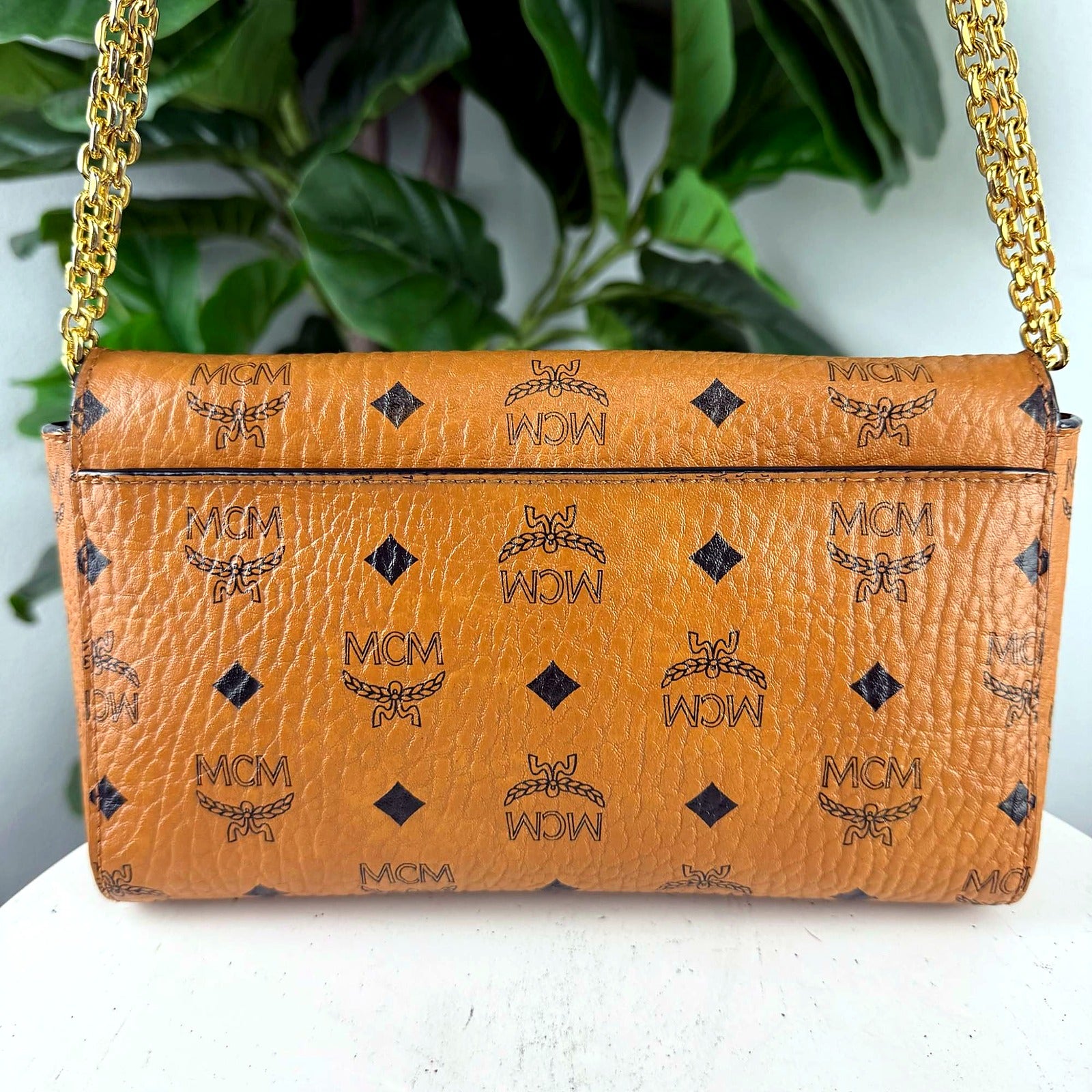 Authentic MCM Cognac Visetos Wallet on Chain - back view