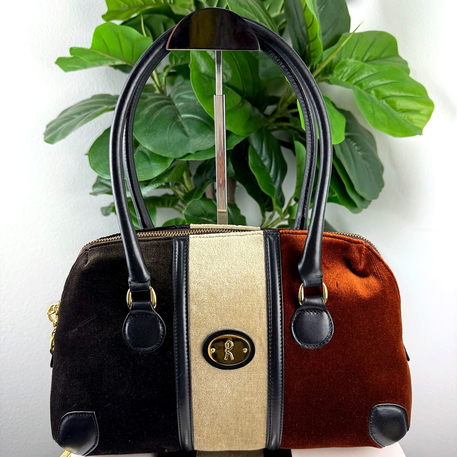 Authentic Vintage Roberta di Camerino Tri-Color Velvet Bowler Bag - front
