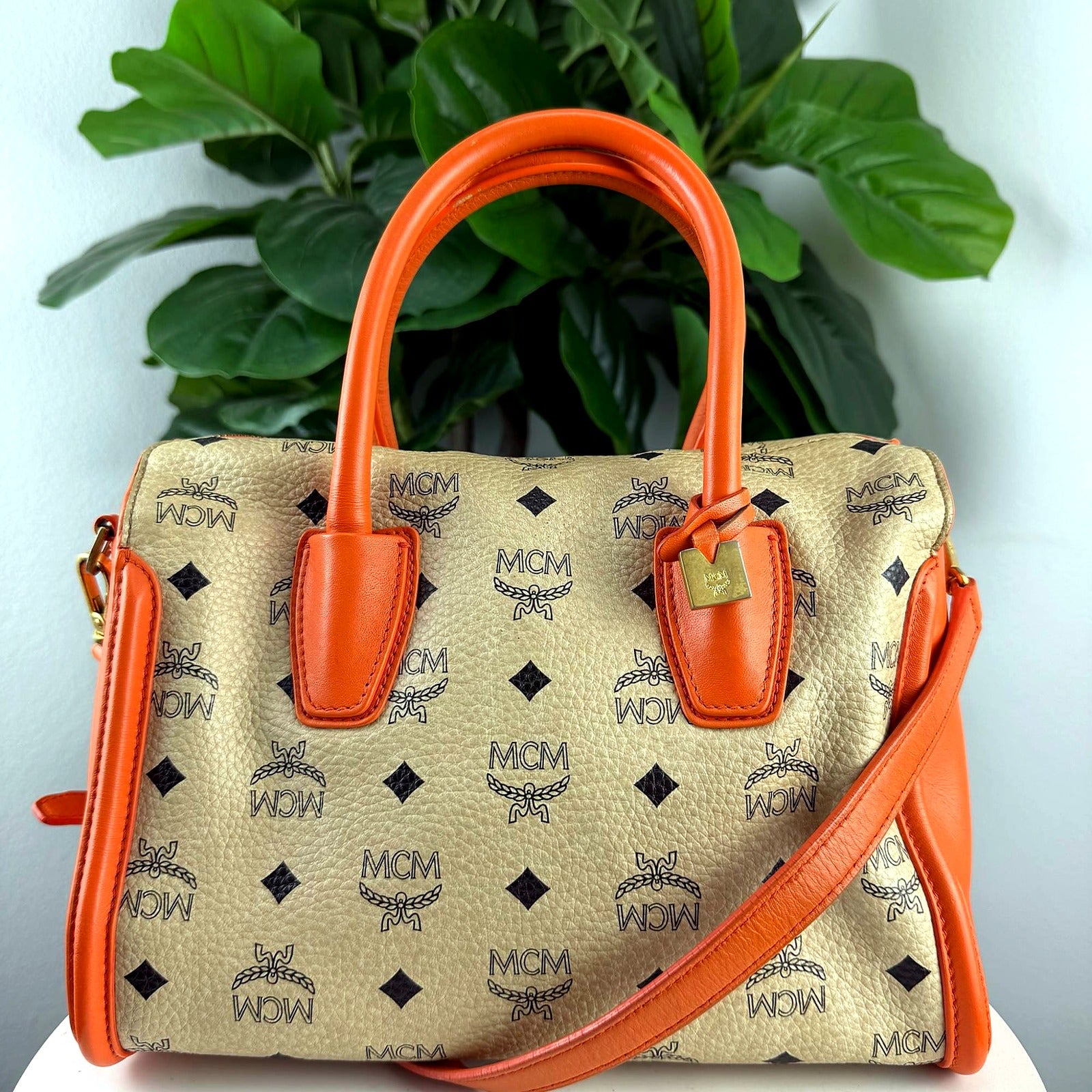 Authentic MCM Tan Visetos Boston Duffel Bag with Orange Trim - front view