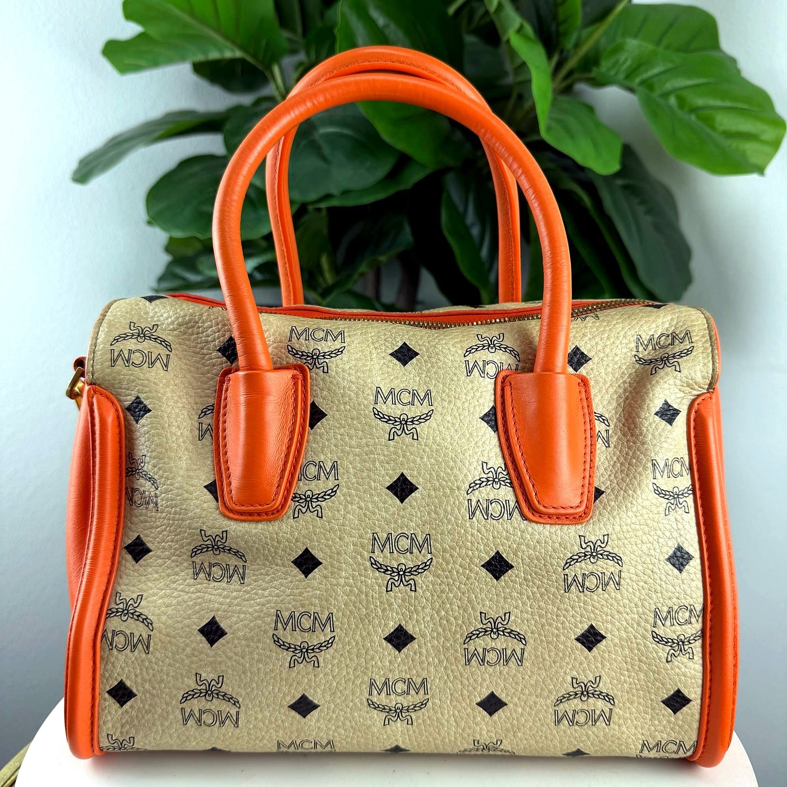 Authentic MCM Tan Visetos Boston Duffel Bag with Orange Trim - back view