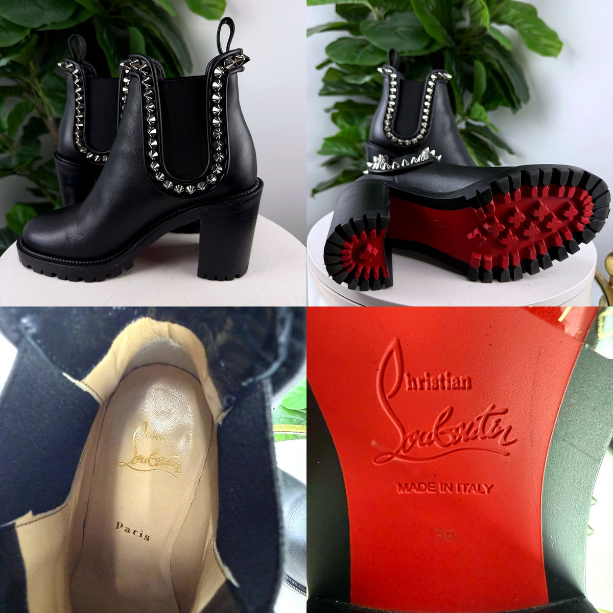 Detail collage: red sole, Christian Louboutin Paris insole stamp, Made in Italy sole stamp