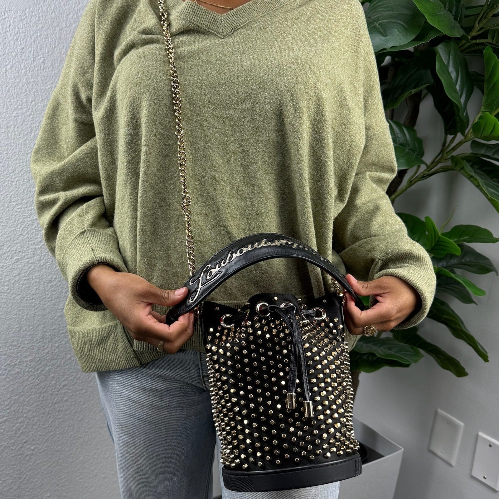 Christian Louboutin Marie Jane Bucket Bag Studded Satin and Leather