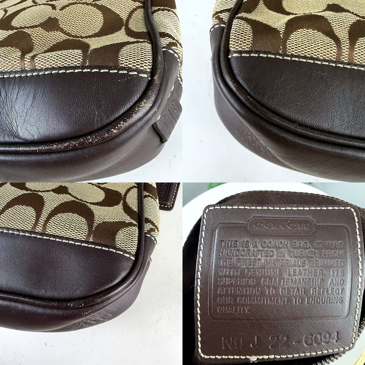Coach pouch corner and interior creed patch detail collage, serial No J 22-6094