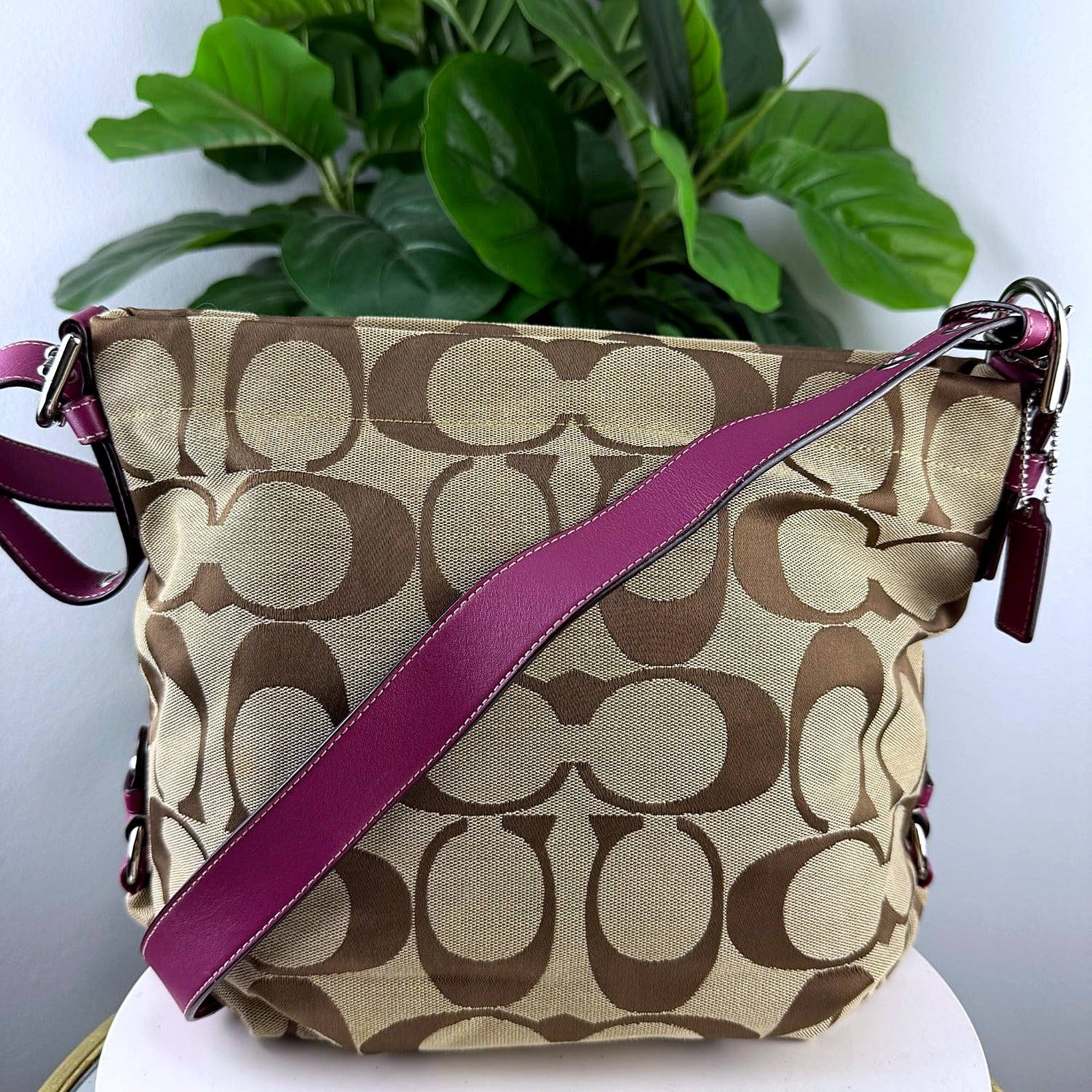 Authentic Coach Tan Signature Canvas Hobo Bag with Fuchsia Leather Trim - front view