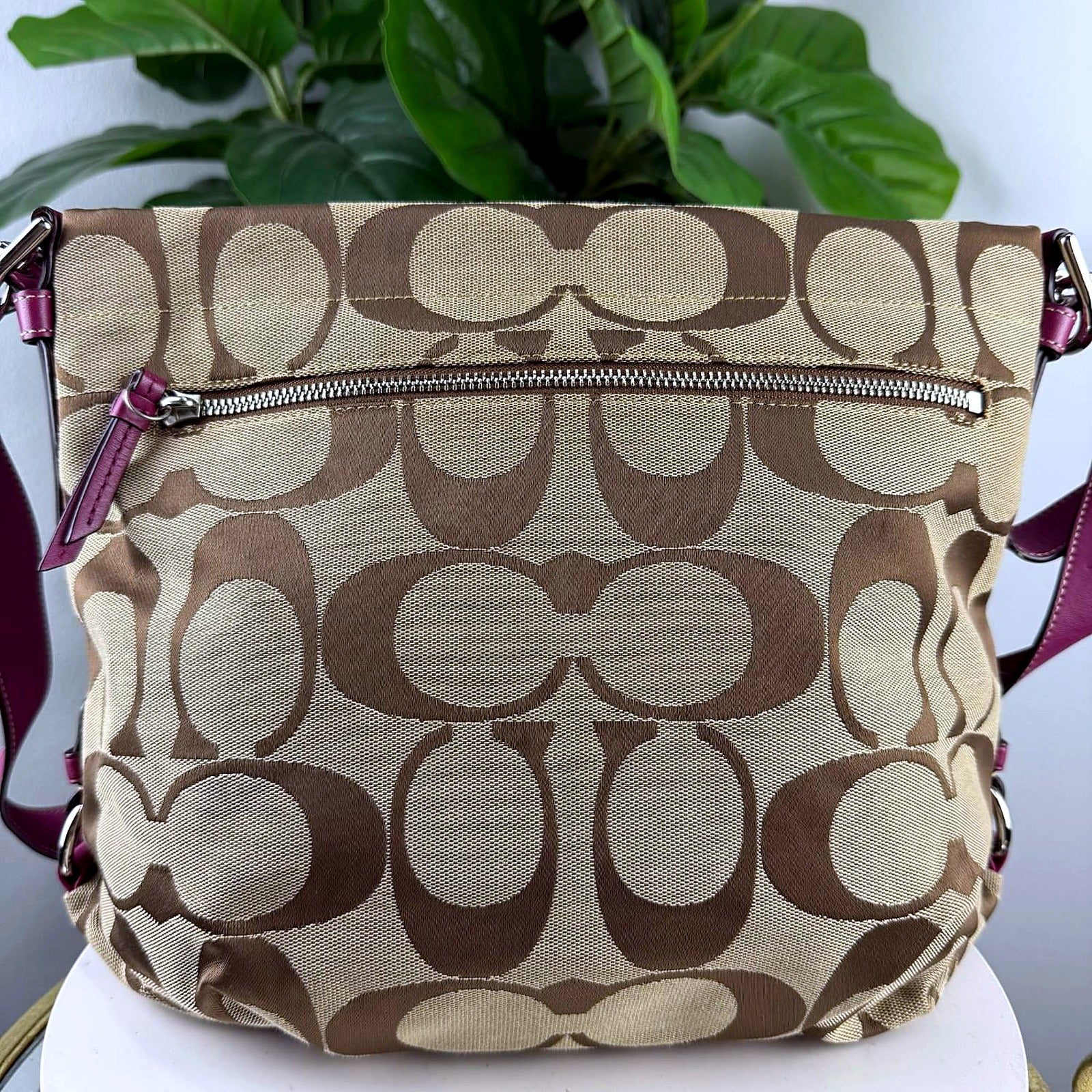 Authentic Coach Tan Signature Canvas Hobo Bag with Fuchsia Leather Trim - back view