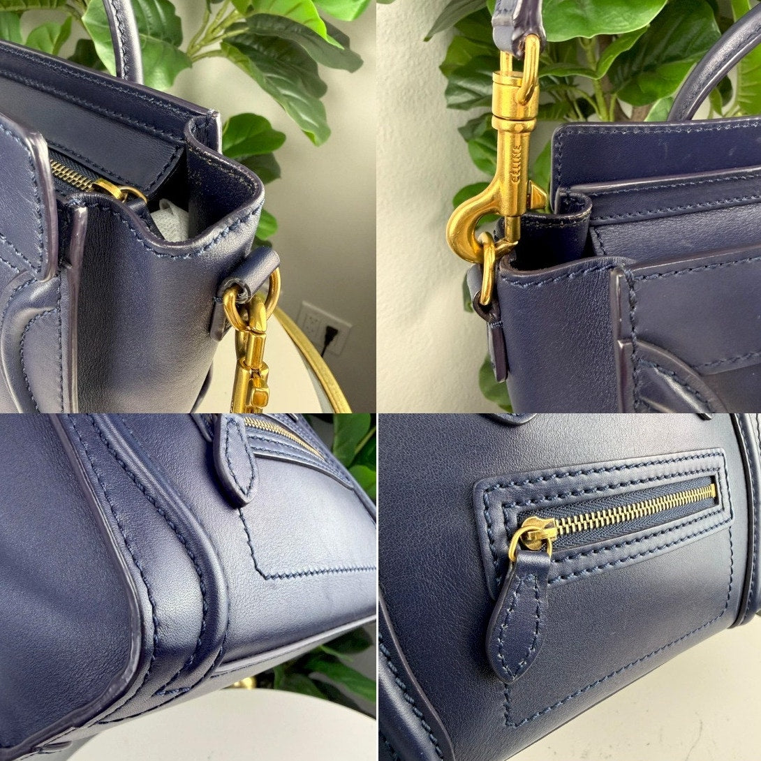 Authentic Celine Nano Luggage Tote Bag Navy Blue