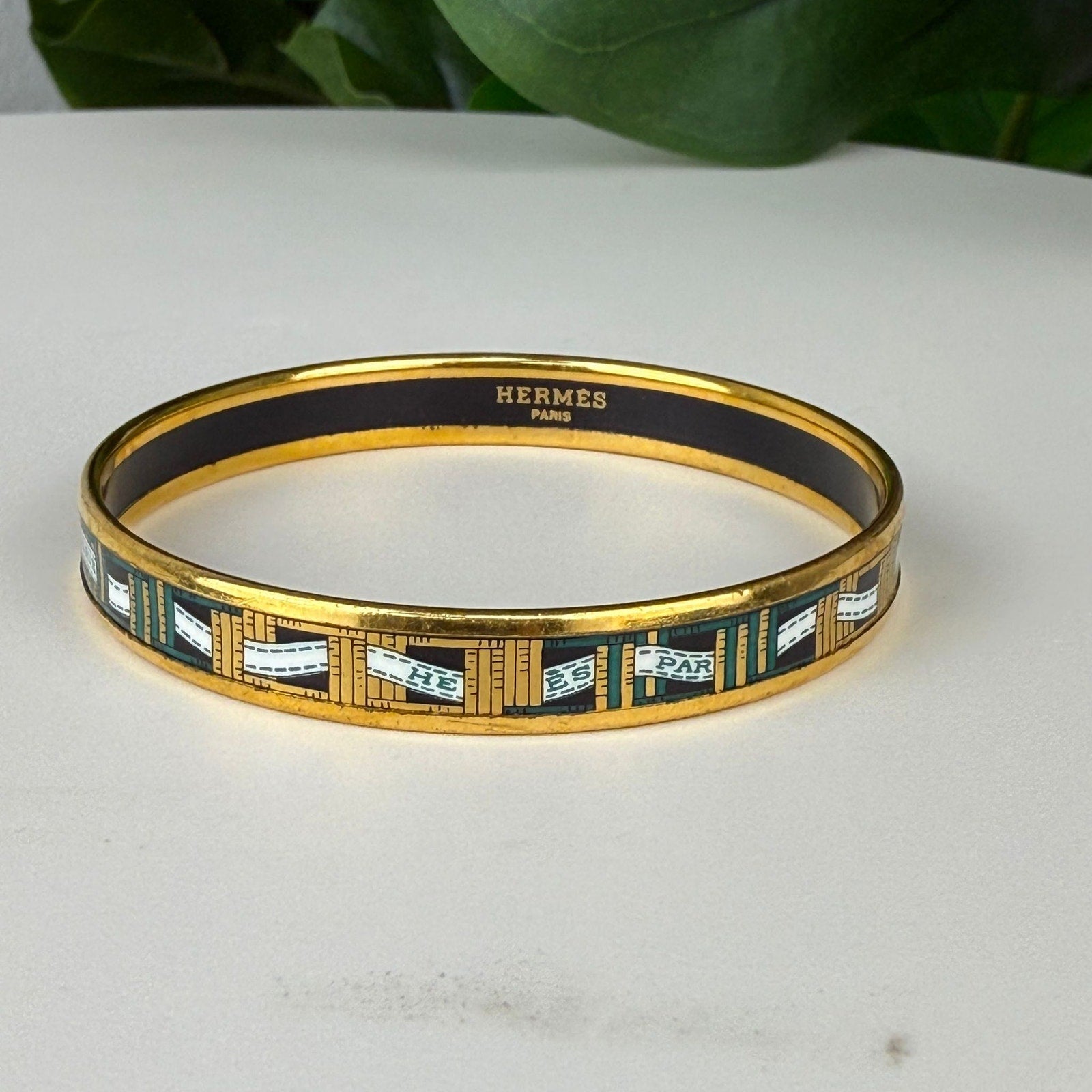 Authentic Hermes Enamel Bangle Black Multiple Green Golden  Bracelet 7 3/4"