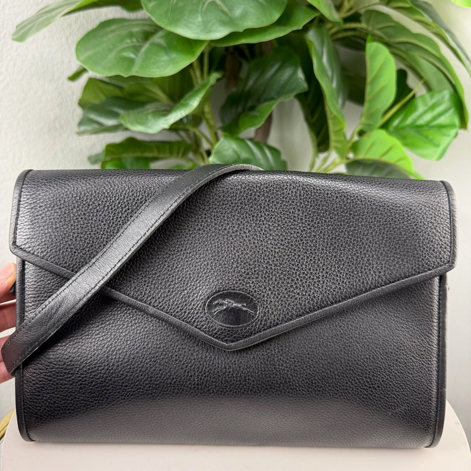 Longchamp Pebbled Leather Black Envelope Flap Crossbody Bag Authentic Pre Owned