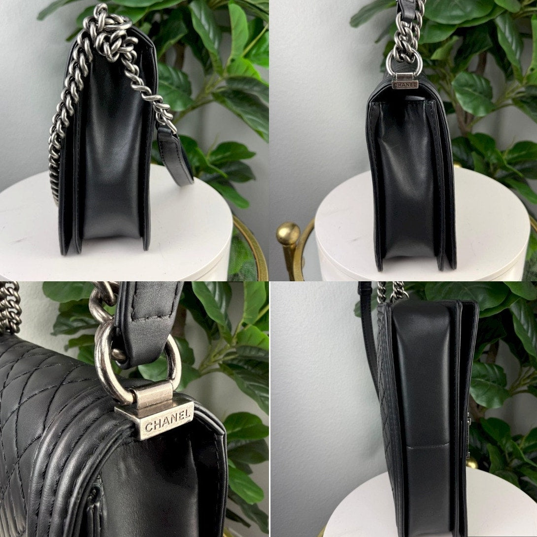 Authentic Chanel Boy Handbag Black Quilted Leather