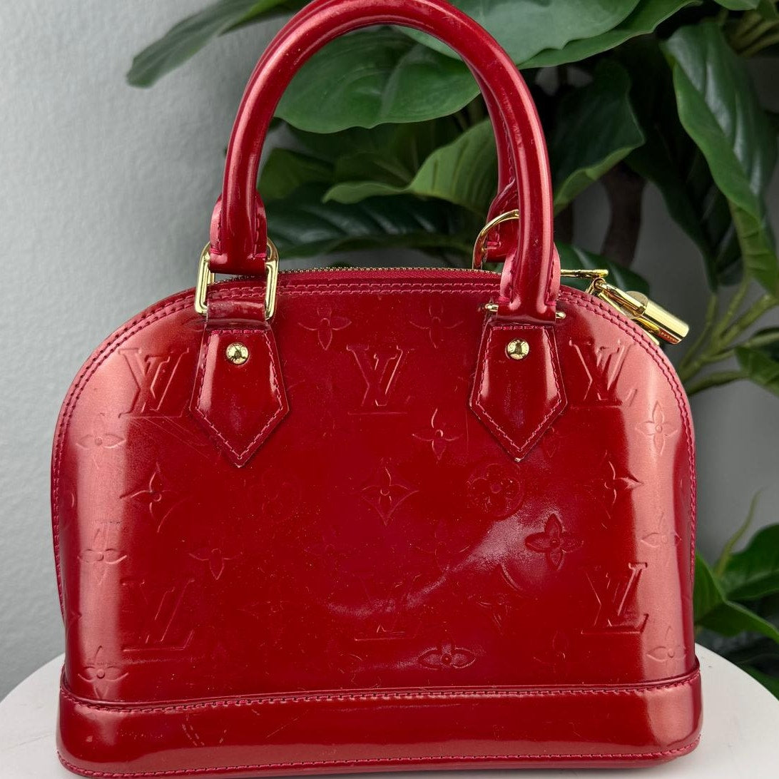Authentic Louis Vuitton Monogram Vernis Alma BB Handbag Red