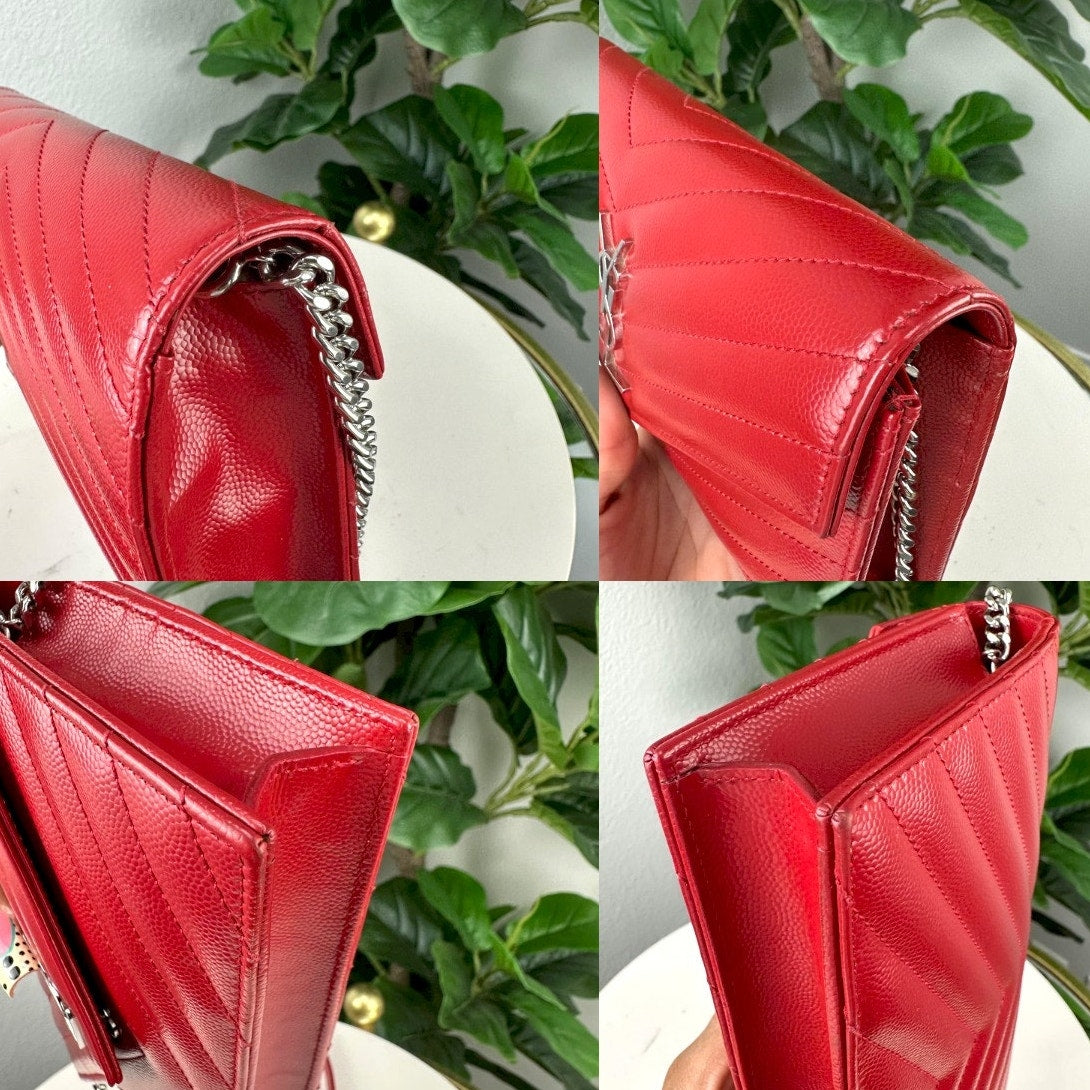 Authentic YSL Yves Saint Laurent Chevron Quilted Shoulder Bag Red