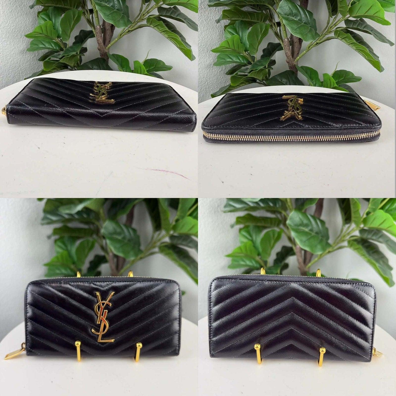 Saint Laurent Cassandre Black Chevron Leather Zippy Wallet Authentic Pre Owned