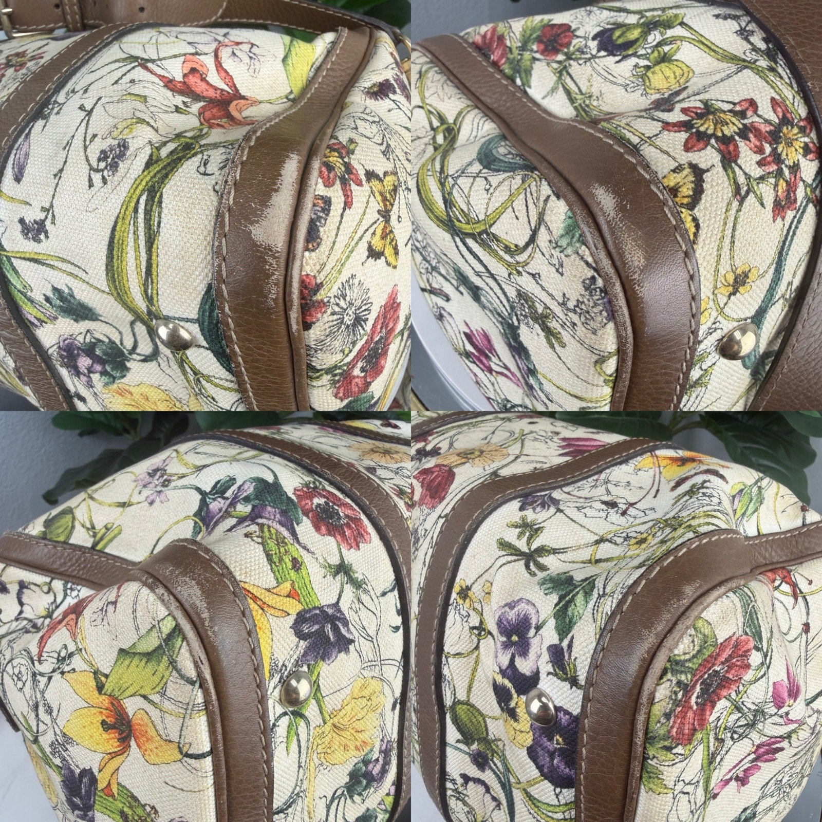 Gucci Flora Print Medium Boston Bag Canvas Leather Crossbody Authentic Pre Owned