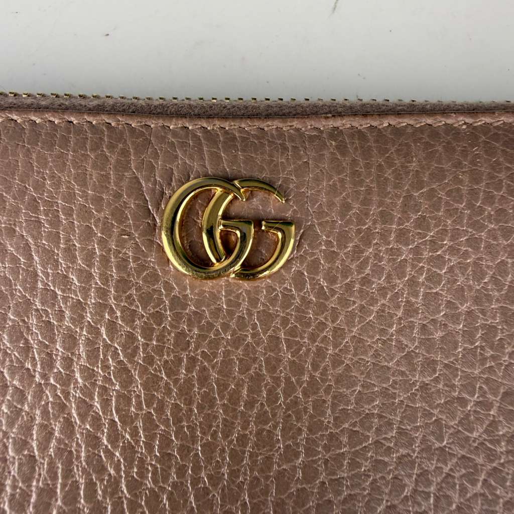 Authentic Gucci GG Marmont Zip Around Wallet Tan
