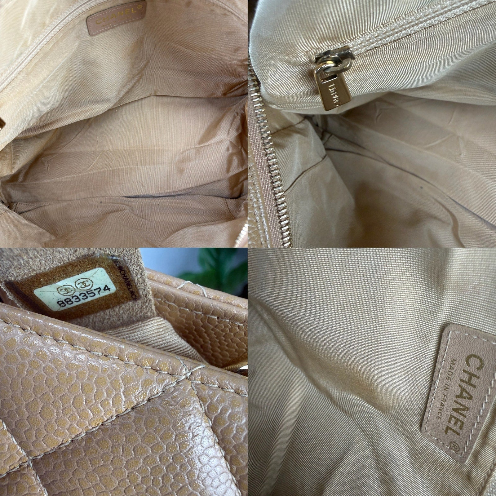 Chanel Grand Shopping Tote Beige Caviar Leather Chain Bag Authentic Pre Owned