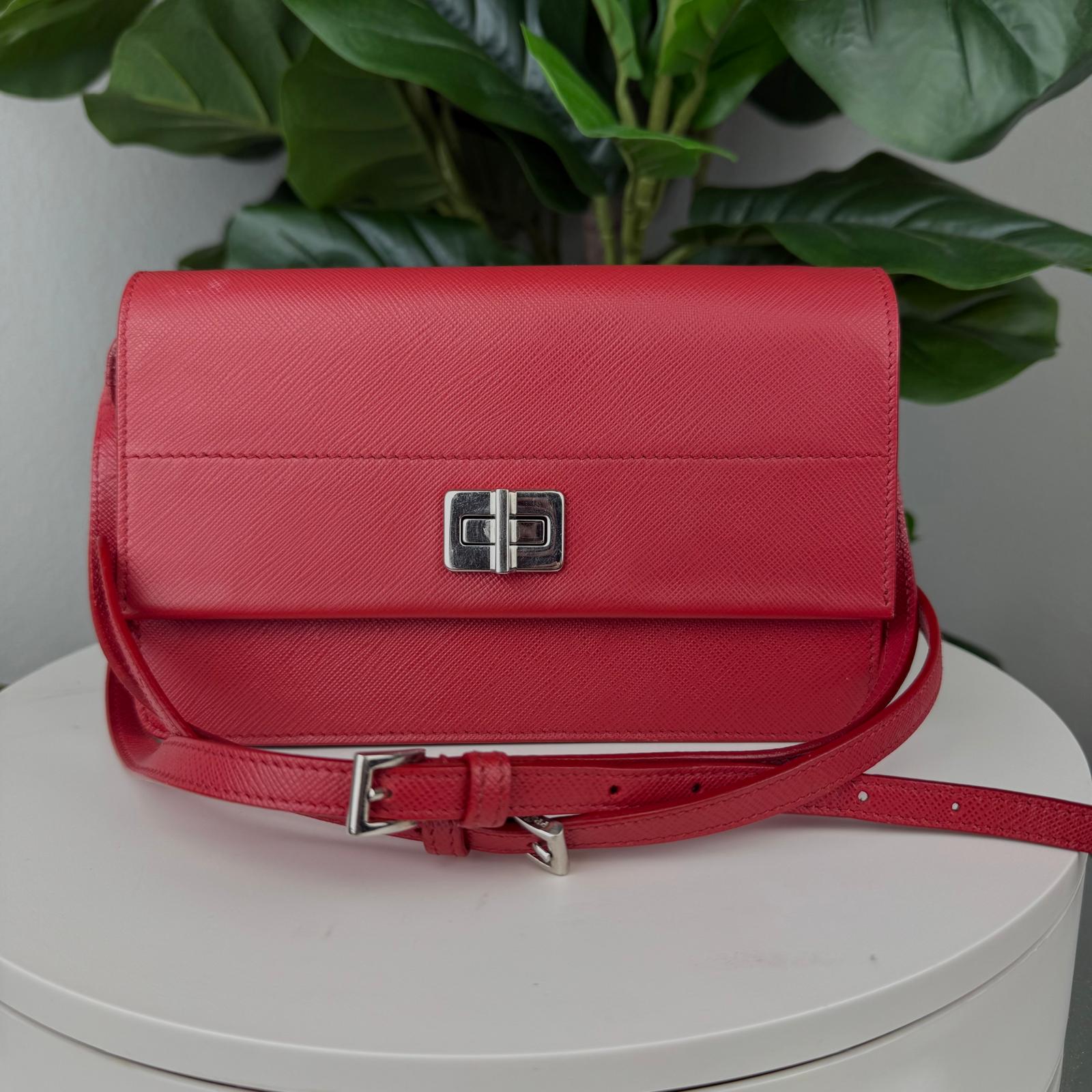 Authentic Prada Red Saffiano Leather Double Sided Flap Crossbody Bag