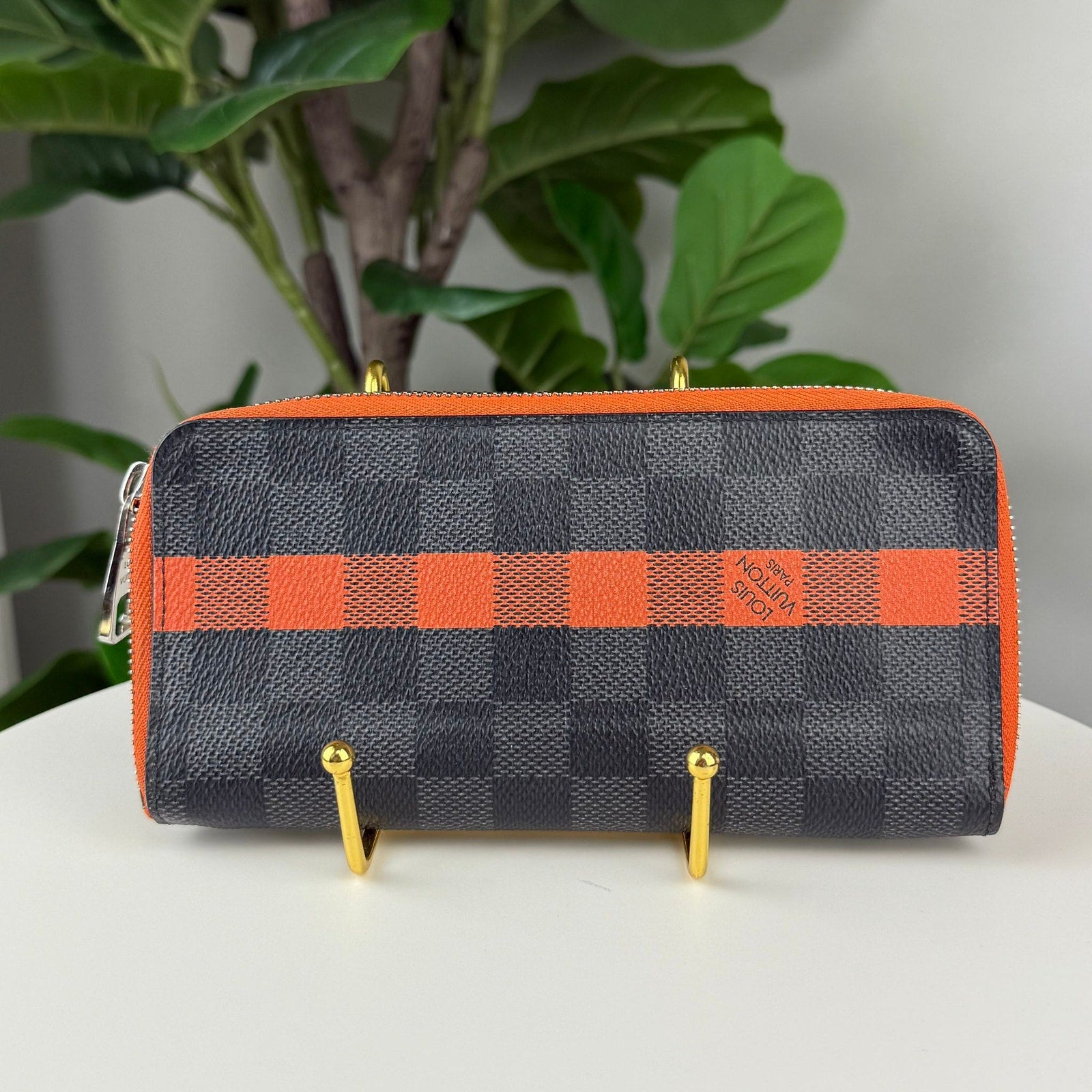 Authentic Louis Vuitton Damier Graphite Stripe Brazza Zippy Wallet Orange