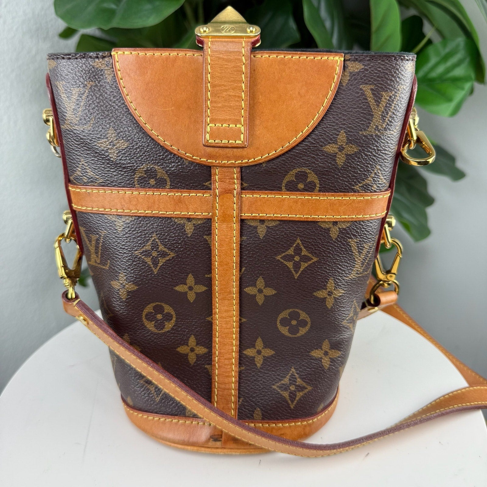 Louis Vuitton Monogram Canvas Brown Leather Bucket Crossbody Bag Authentic Vintage Pre Owned