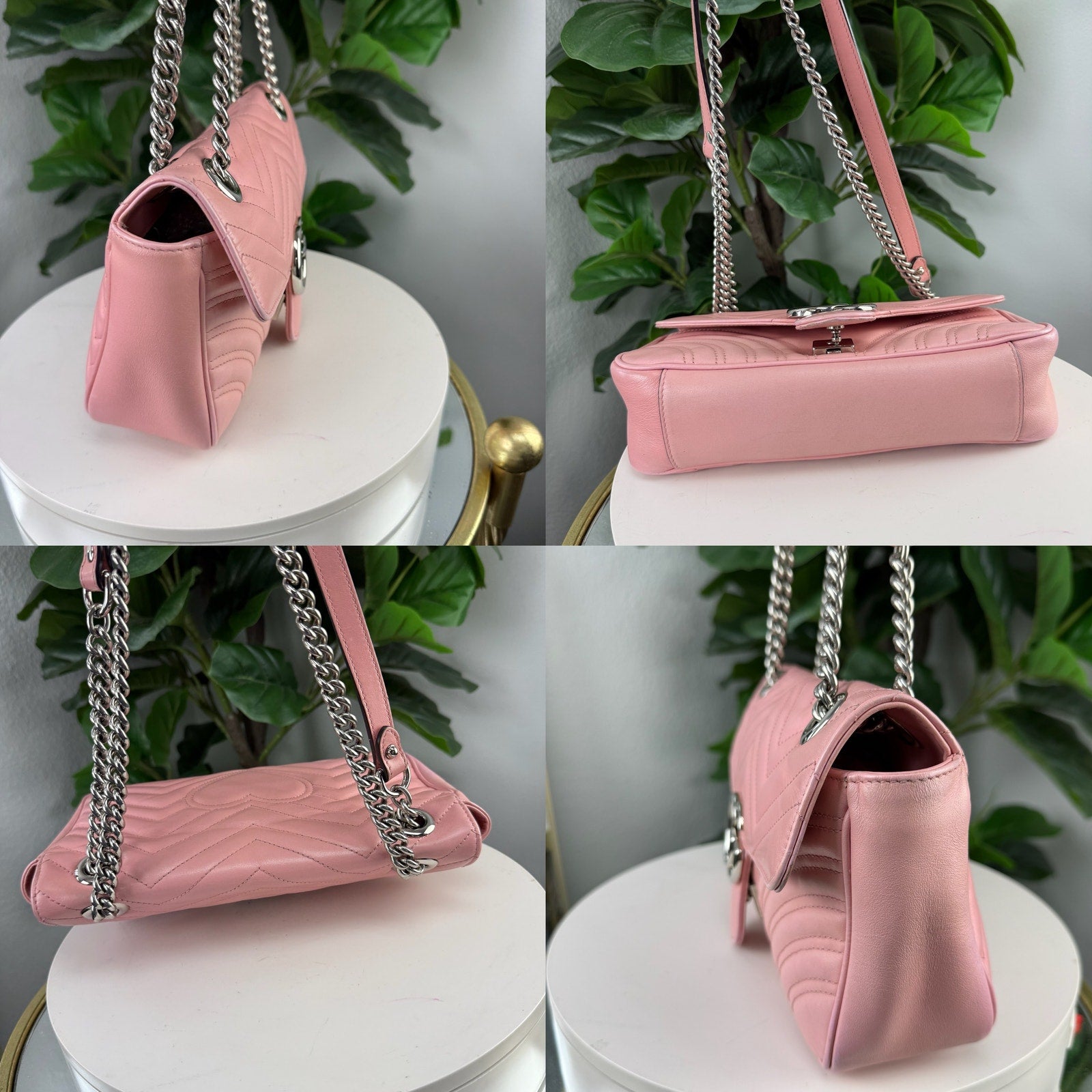Gucci GG Marmont Small Matelassé Pink Leather Shoulder Bag Authentic Pre Owned
