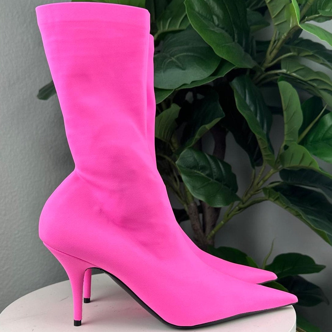 Authentic Balenciaga Knife Boots Fluo Pink Stretch Fabric Size 38