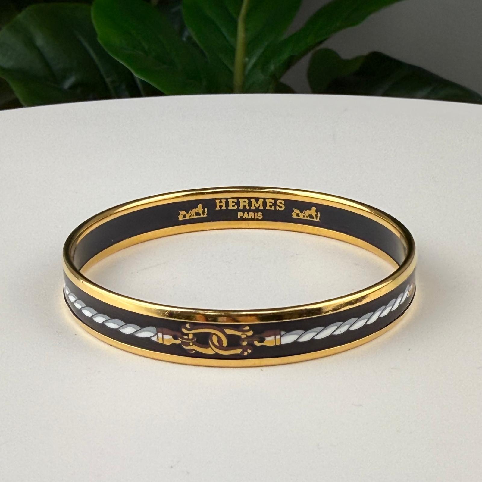 💎Authentic Hermes Enamel Printed Rope Chain Link Narrow Bangle 65 Black