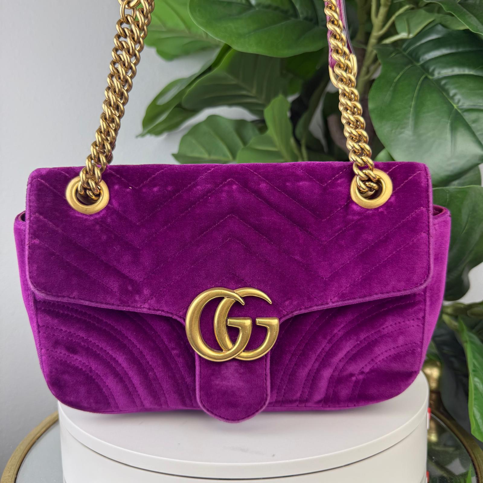 Authentic GUCCI Velvet Matelasse GG Marmont Shoulder Bag Purple Small