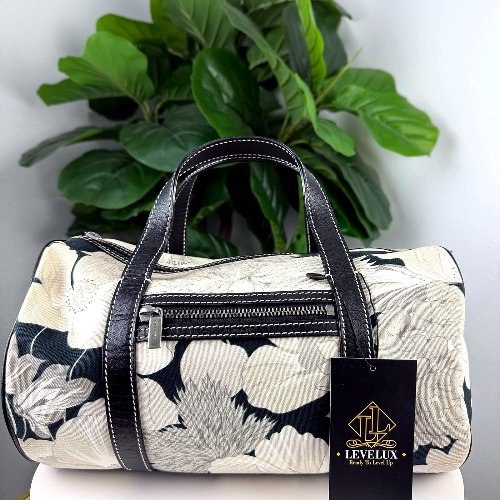 Authentic Burberry Black and Cream Floral Print Canvas Duffel Bag