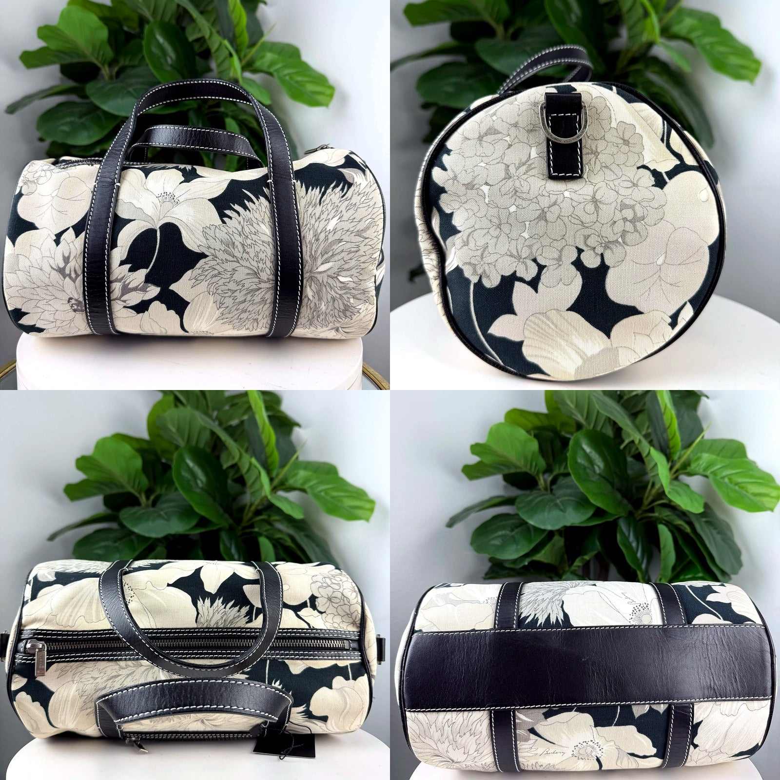 Authentic Burberry Black and Cream Floral Print Canvas Duffel Bag